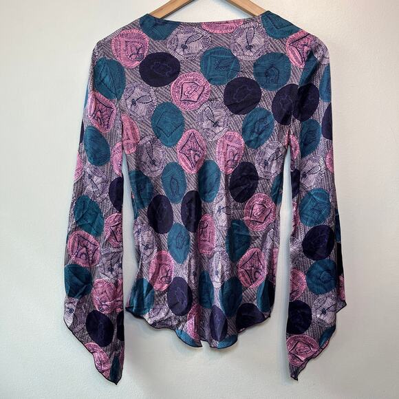 J Lo Jennifer Lopez Women's Split Front Long Sleeve Retro Blouse Size Medium - Picture 6 of 6